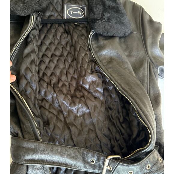 Tannery West Leather Jacket Women’s Small Black Belted Faux Fur Collar Zip Moto - Picture 10 of 12